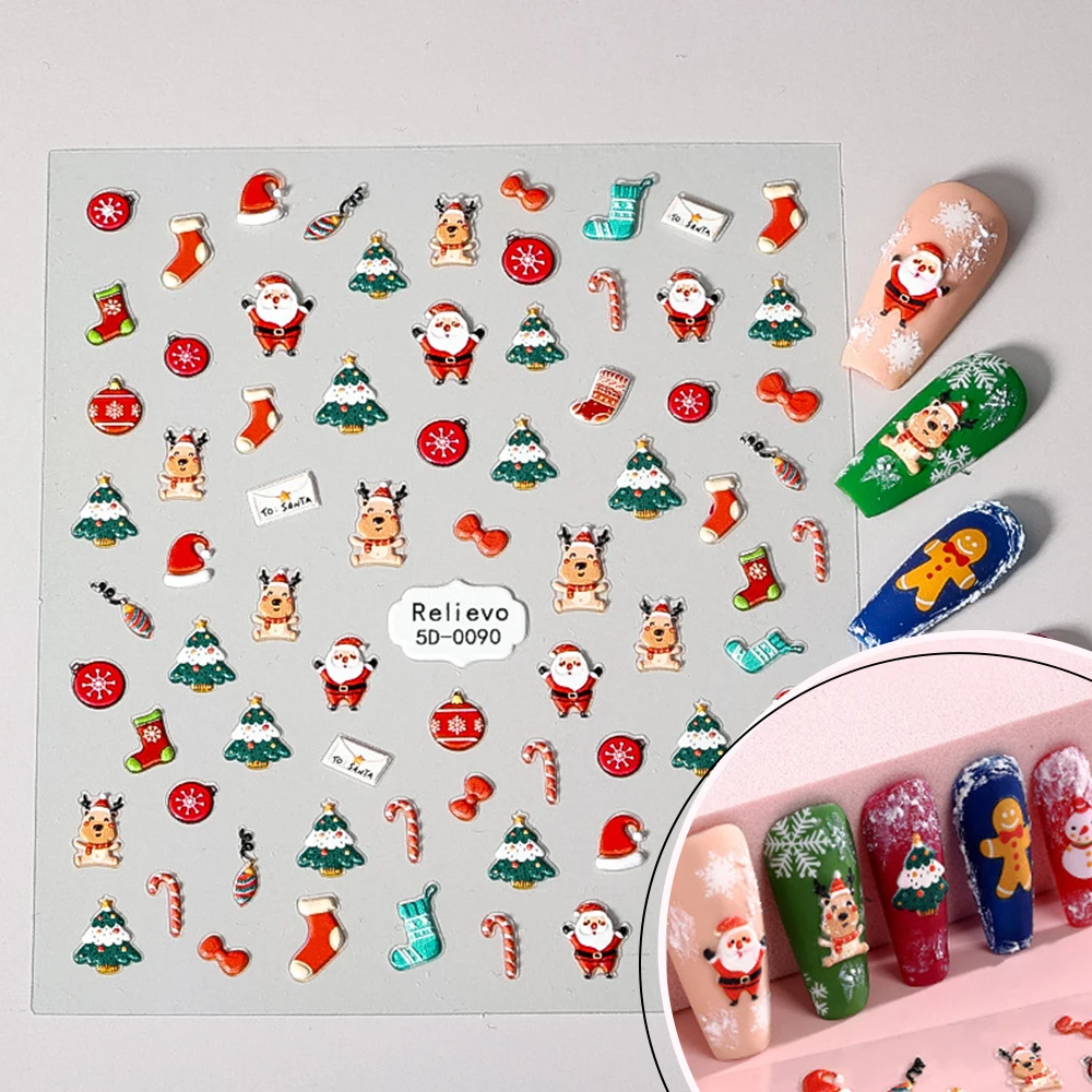 สติกเกอร์ติดเล็บลายนูน 5 มิติ ลายต้นคริสต์มาส เกล็ดหิมะ ตุ๊กตาหิมะ ขนมปังขิง สำหรับตกแต่งเล็บ