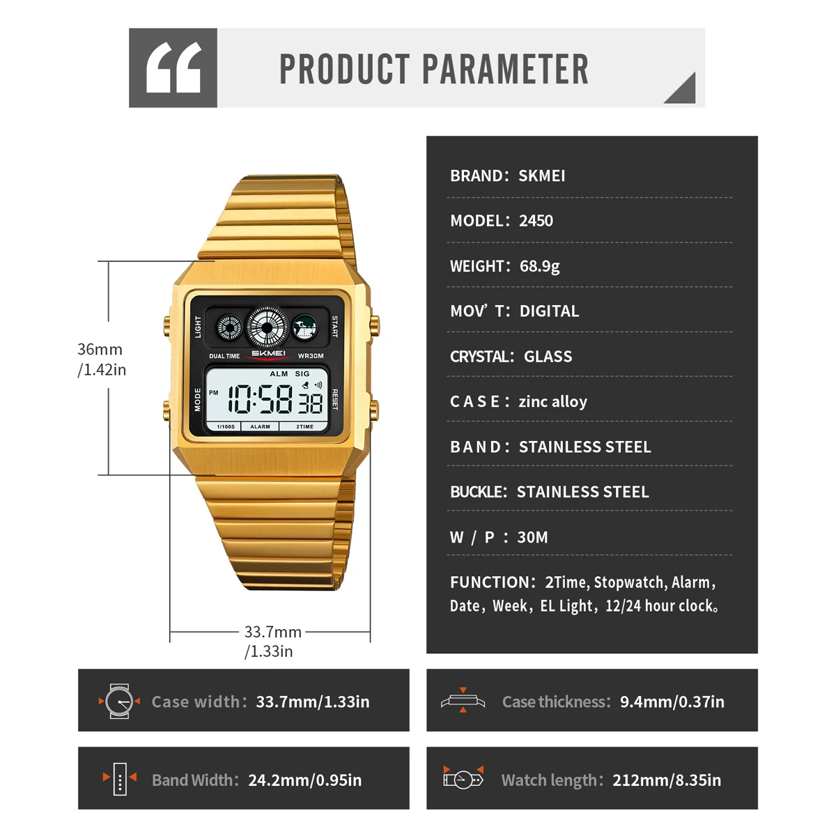 SKMEI 2450 Hombre Week Clock Back Light Wristwatch Mens Business Metal Digital Simple Square Watches For Men Countdown Stopwatch - view 6