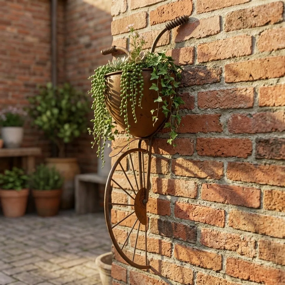 Space Saving Wall Mounted Iron Flower Container Featuring for retro Bicycle Outline Modern Decorative Accent 28x6.5CM