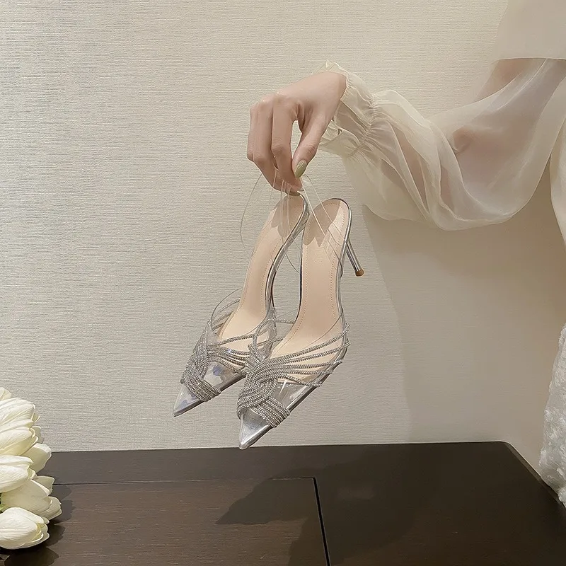 

2026 Summer Pointed Toe Versatile Solid Color Comfortable 8cm Sandals Transparent Rhinestone Stiletto Heels Shoes for Women