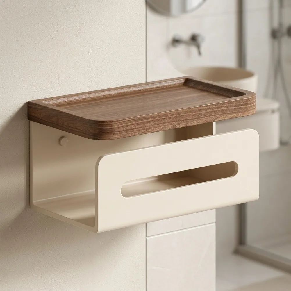 Modern Walnut Wood Toilet Paper Shelf Holder for Small Bathrooms Rental Spaces or Screw Mount 20 11 11cm Dimensions