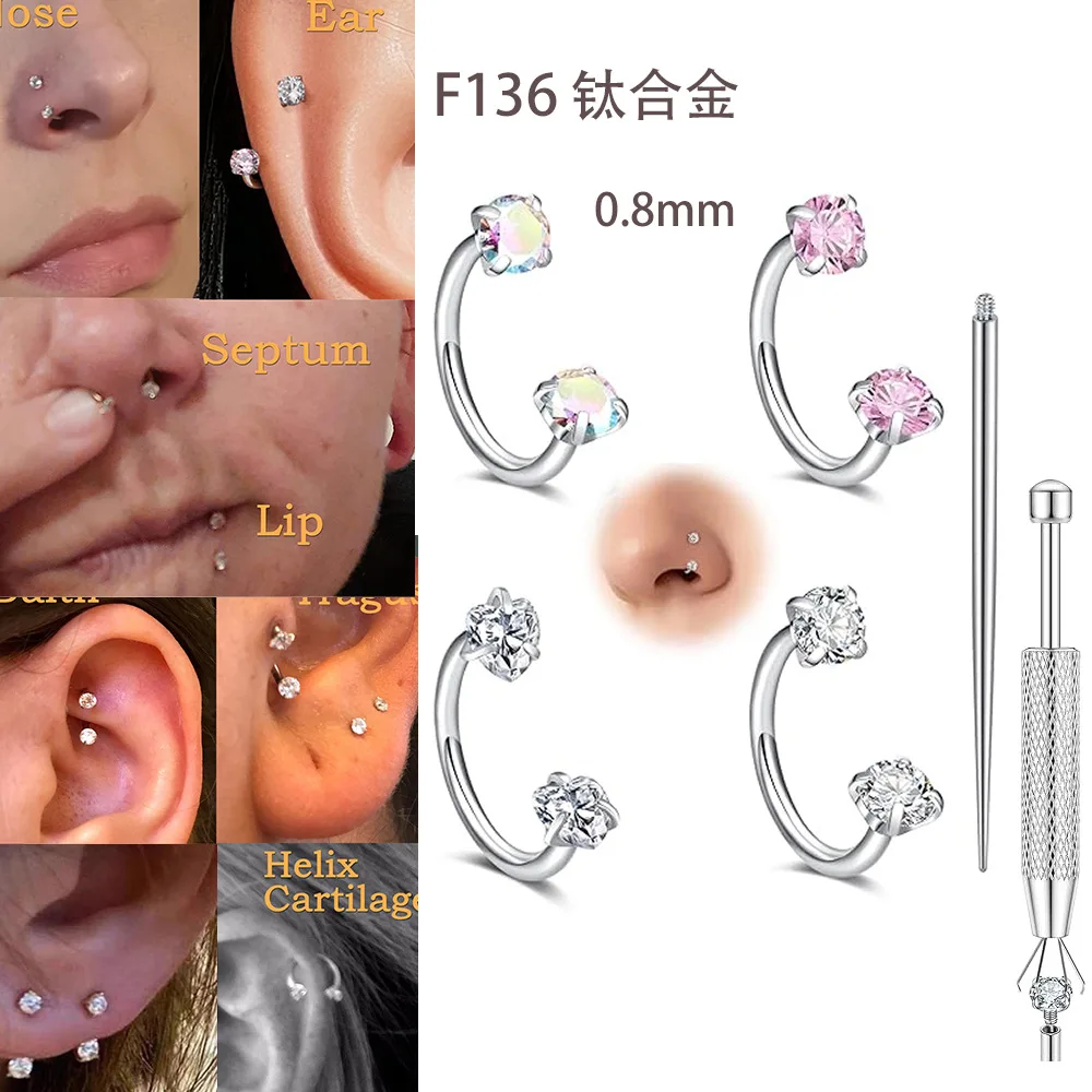 Hufeisen-Nasenring aus Titanstahl, hypoallergen, mit Doppel-Edelstein, Hufeisen-Nasenring, Hoop, Knorpel-, Helix-, Tragus-, Ohr- und Lippenpiercing – Detail 3