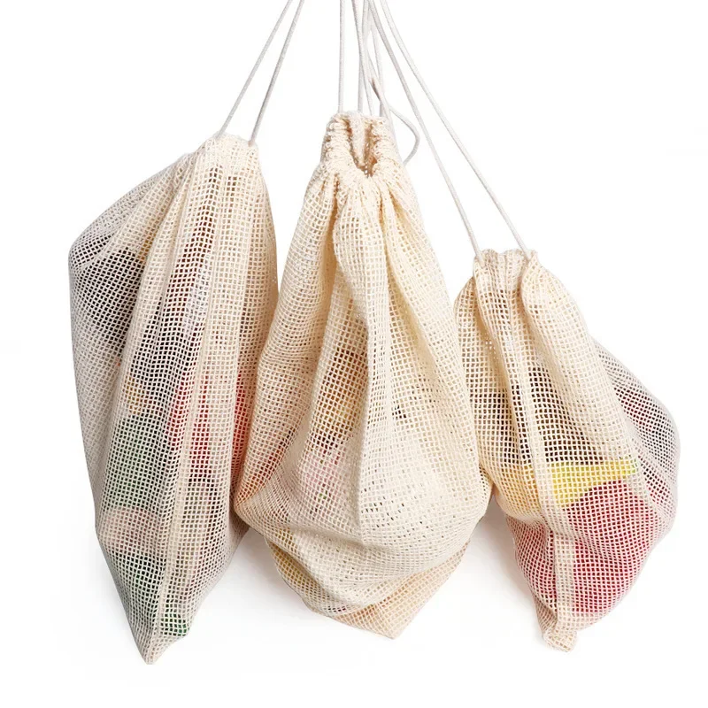 Reusable Cotton Mesh Vegetable Bags, Kitchen Storage Bag, Washable Drawstring Bags, Produce Fruit