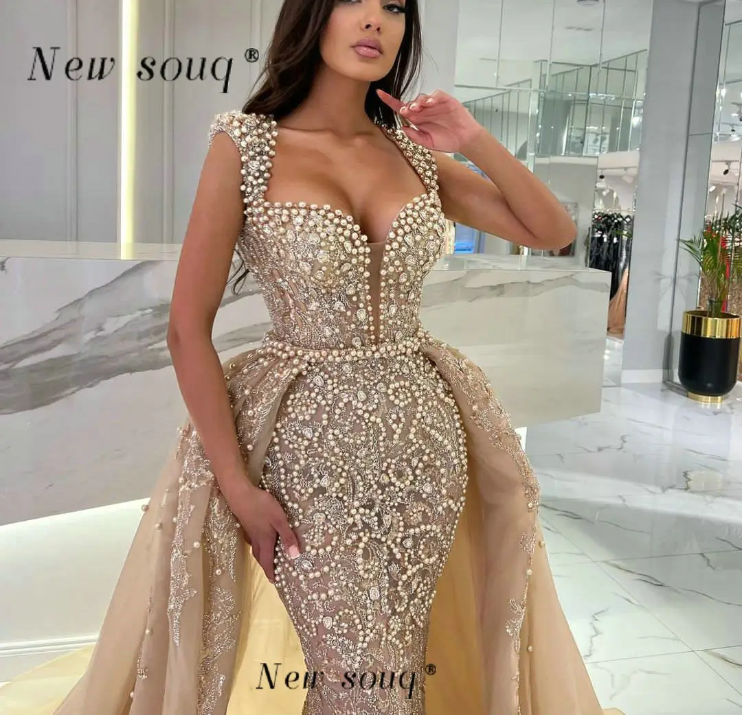 

Champagne Two Pieces Mermaid Evening Dresses Covered with Pearls Crystals Arabic Formal Overskirts Weddig Dinner Party Gowns