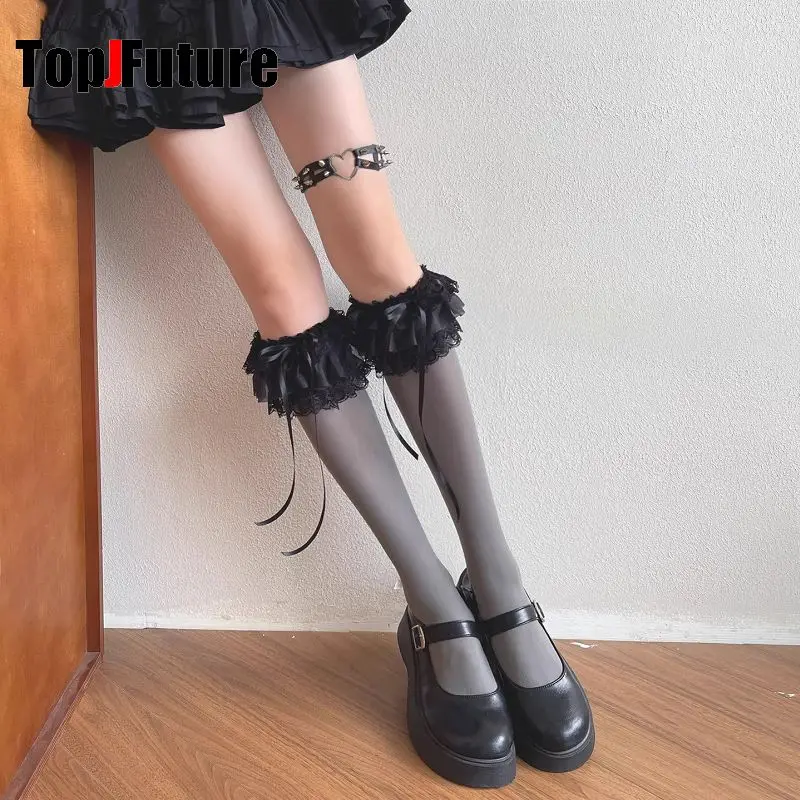 Dark Gothic Lolita Multi-layer Lace Velvet Stockings Y2K Girl Female Uniform Summer Thin Calf Over Knee Socks Leg Ring