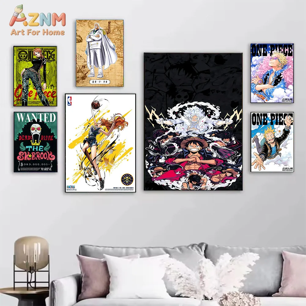 AZNM One Piece Gear 5 Nika Luffy Wanted Poster Canvas Wall Art Nami Marco Brook Anime Print Unframed Canvas Painting For Home Wa