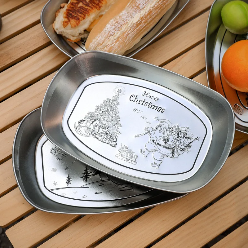 Outdoor retro plate American tinplate fruit tray camping tableware cakes barbecue tableware plate embossing  camping cookware