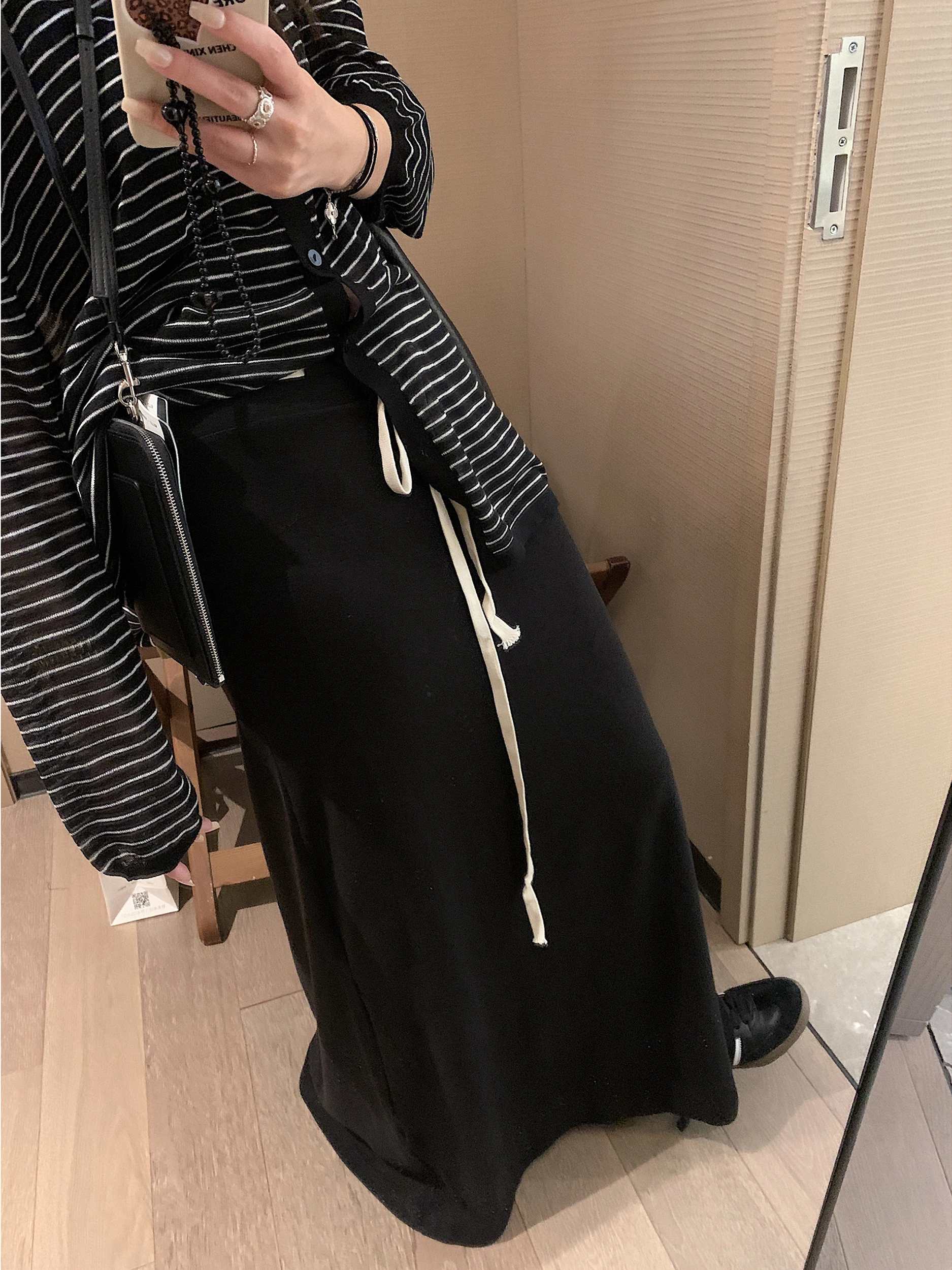 ay Dstring A-Linie Rock Damen Hohe Taille Lose Abnehmen Lazy Sle Drapey Einfacher f-langer Rock für den Frühherbst