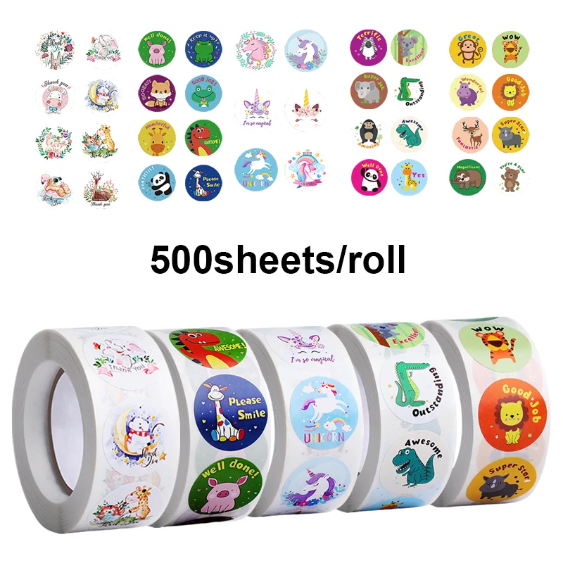 500 Sheets/Roll Kidsren's Reward Stickers Cartoon Decorative Stickers Creative School Supplies Stickers for School Teachers Students and Kidsren
