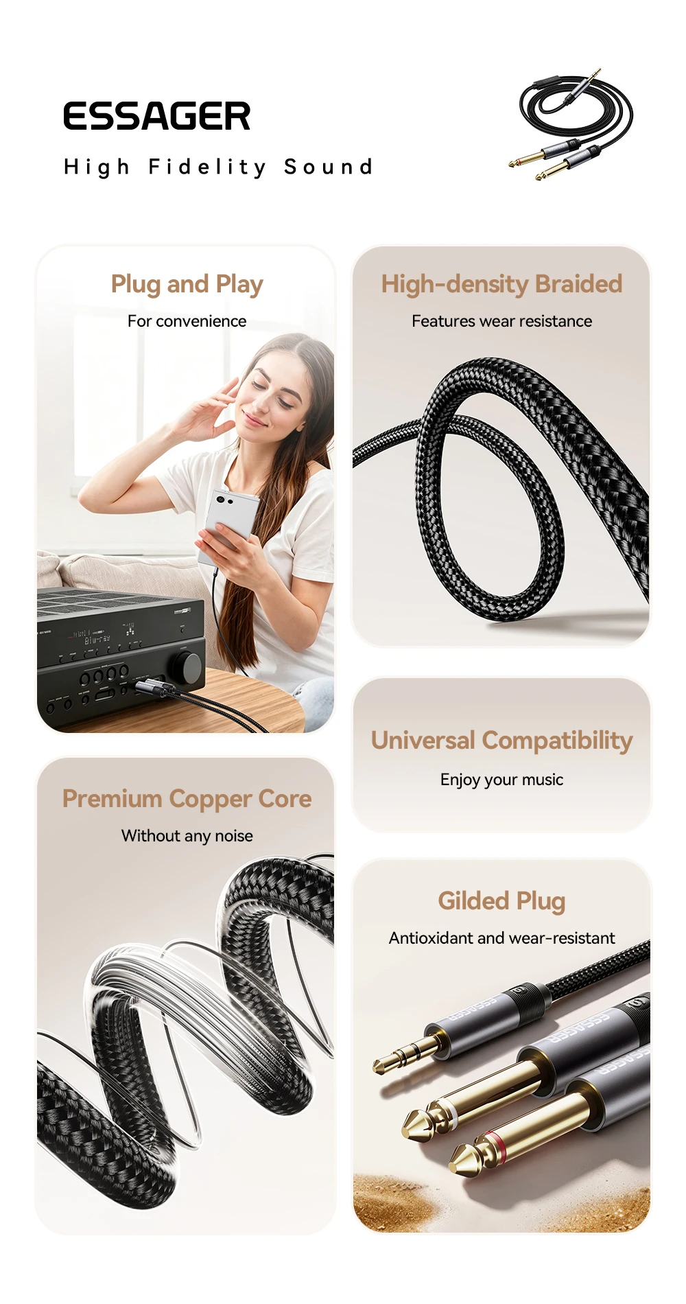 Essager 3,5mm auf Doppel-6,5mm Stereo-Klinkenkabel 3,5 auf 6,35 Audio-Kabel TRS-Kabel AUX-Splitterkabel für Gitarre, Mixer, Verstärker, DVD – Detail 2