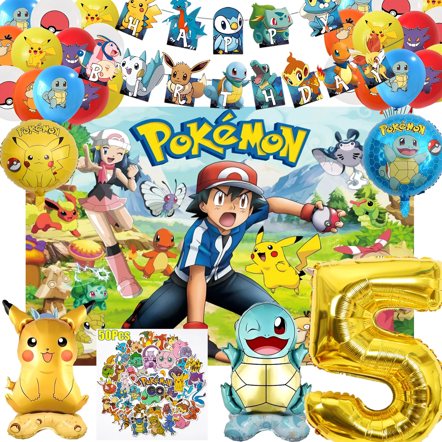 Pokemon Birthday Decorations Pikachu Background cloth, balloon stickers digital balloons 1-9 festival party decorations Supplies