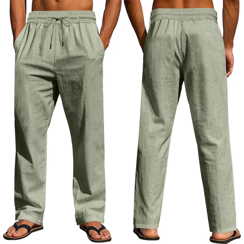 Men's American Four Seasons Casual Linen Breathable Comfortable Loose Drawstring Beach Sports Pants Men Clothing