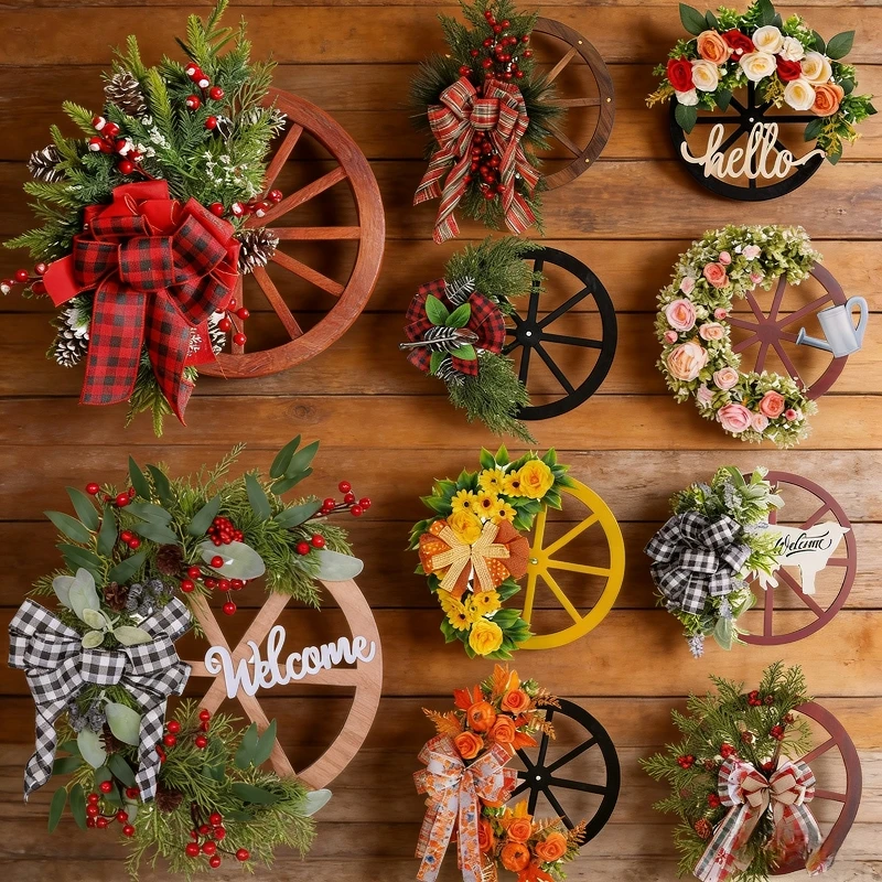 

Exquisite Wooden Wagon Wheel Door Wreath Christmas Pinecone Front Hanging Decor Home Entryway Window Porch Festival Decoration