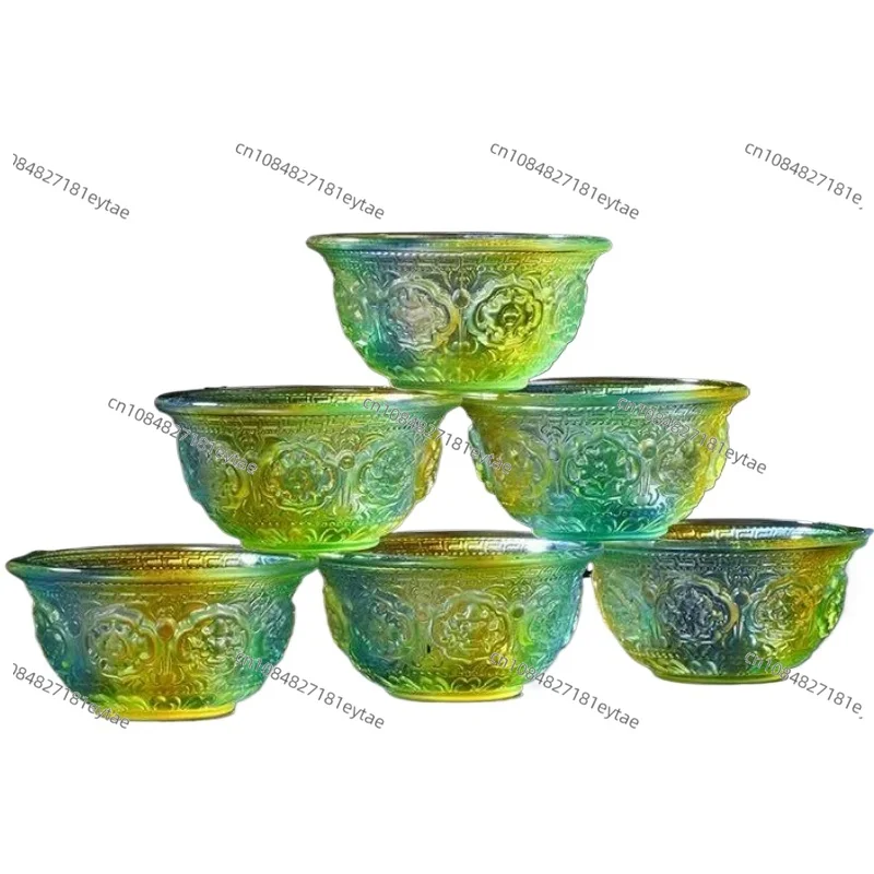 7-Piece Tibetan Liuli Altar Bowl Set, Colorful Engraved Auspicious Holy Bowl for Buddhist Rituals