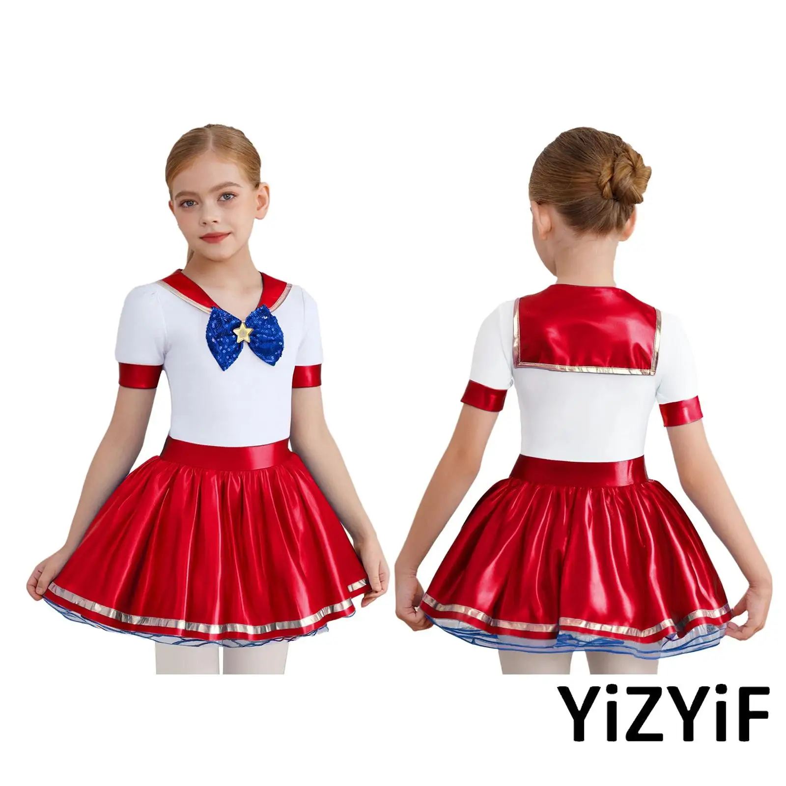 

Ocean Themed Sailor Dress Up Costume Girls Color Block Dress Glittery Bow Ruffled Hem Playwear with Snap Crotch Bloomers
