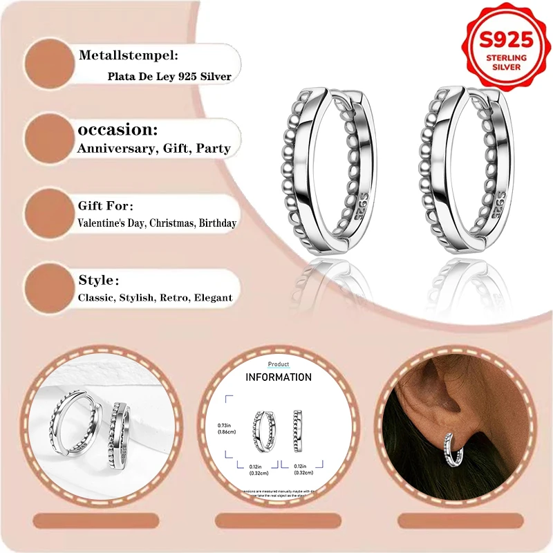 Pendientes de aro pequeños minimalistas de plata de ley S925 con cuentas, tipo Huggie, joyería fina para mujer, uso diario