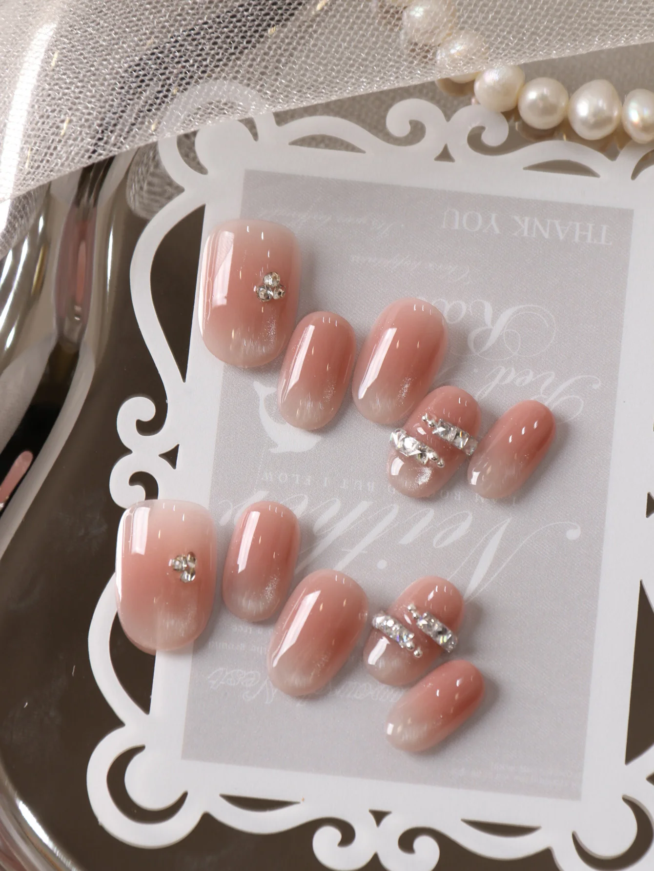 

10Pcs Acrylic Press on Pink Cat's Eye Flash Diamond Fake Nails Includes 1 Sheet of Adhesive Tabs & 1 Pc Mini File