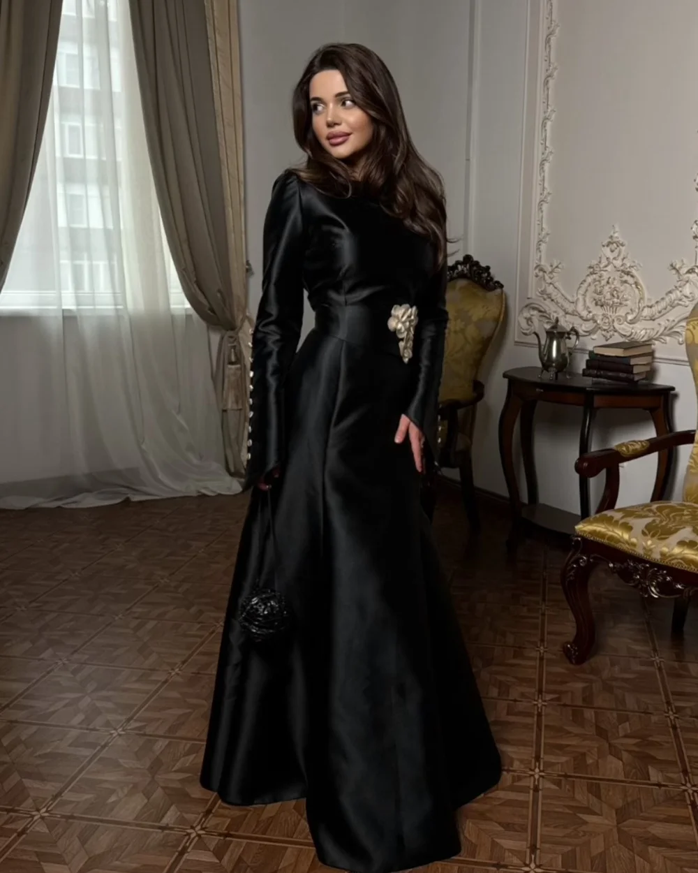 

Customized Black Exquisite Pastrol Handmade Flower Button Mermaid High Collar Long Dresses Evening Dresses For Birthday Party