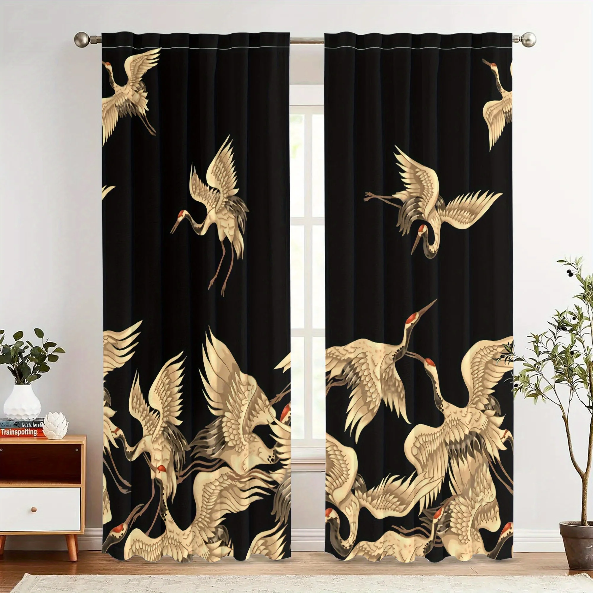 2PCS Blackout Curtains Oriental Golden Chinese Crane Vintage Print Polyester Rod Pocket Top for Living Room Elegant Home Decor