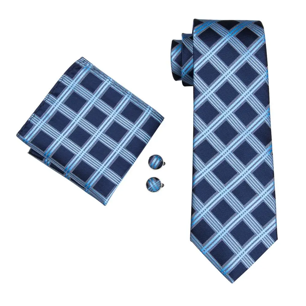 Corbatas de seda para hombre, elegantes a cuadros azules mancuernas, para boda, fiesta, negocios, marca de moda, Hi-Tie, 2023