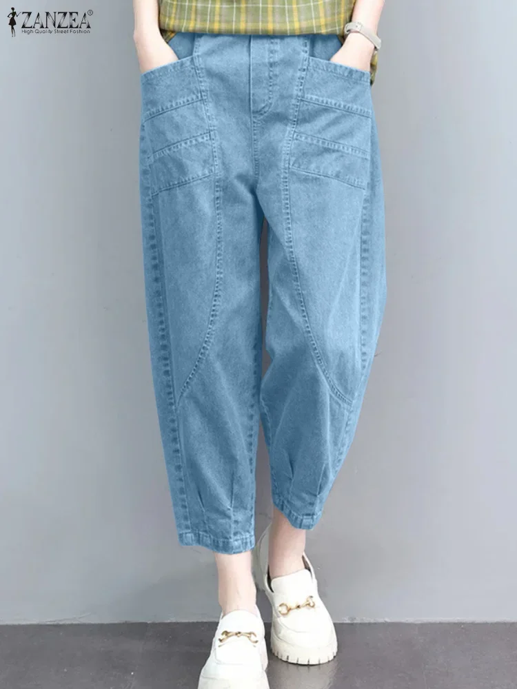 ZANZEA-pantalones largos a la moda para mujer, pantalones cónicos con bolsillos, pantalones con cintura elástica, informales, lisos, elegantes, Capris sueltos, otoño 2025