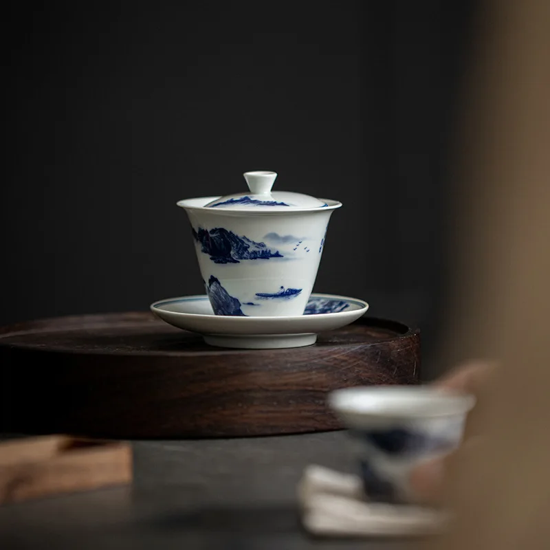 Blue White Three-Talent Antique Green Imitation Ancient Fisherman Pattern Ceramic Heaven and Earth Covered Bowl