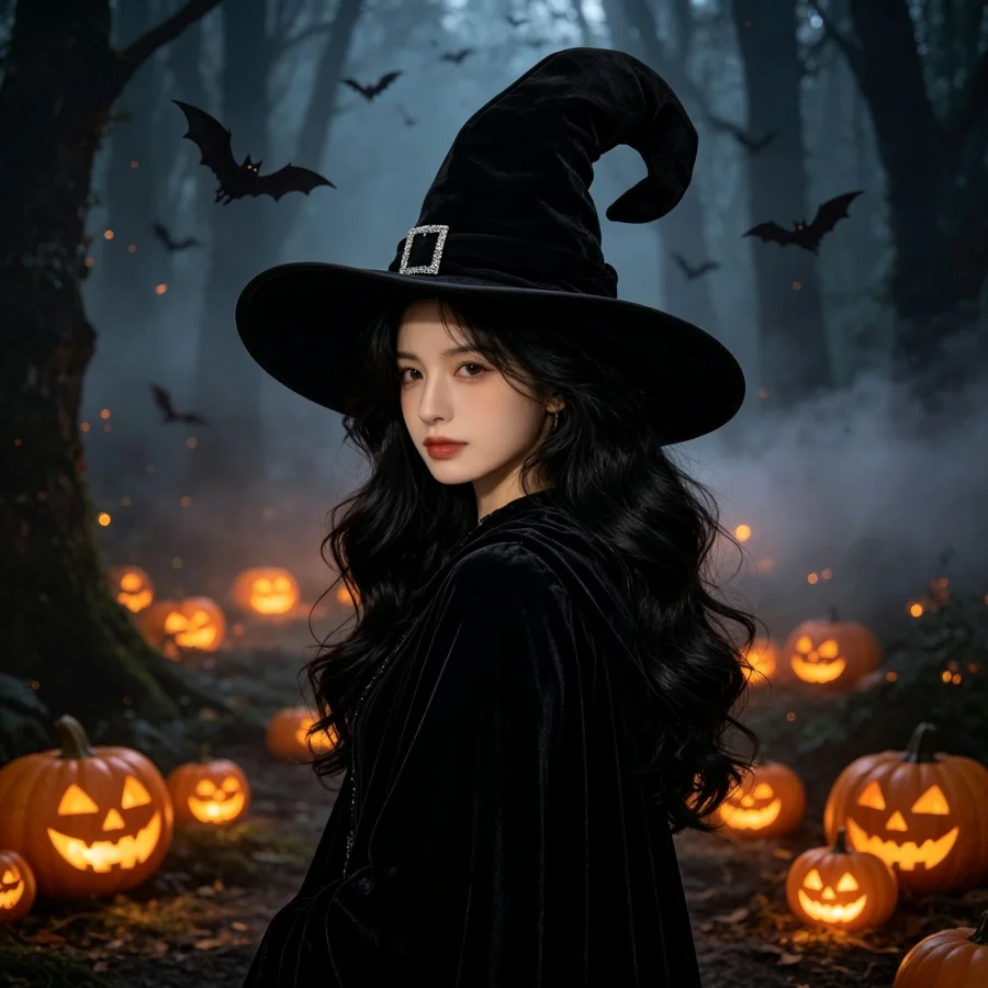 1 Stück Halloween-Hexenhut aus schwarzem Samt mit Strass-Schnalle, Zaubererhut, Cosplay-Kostüm, Fotokabinen-Requisiten für Party-Outfit, Geschenk – Detail 1