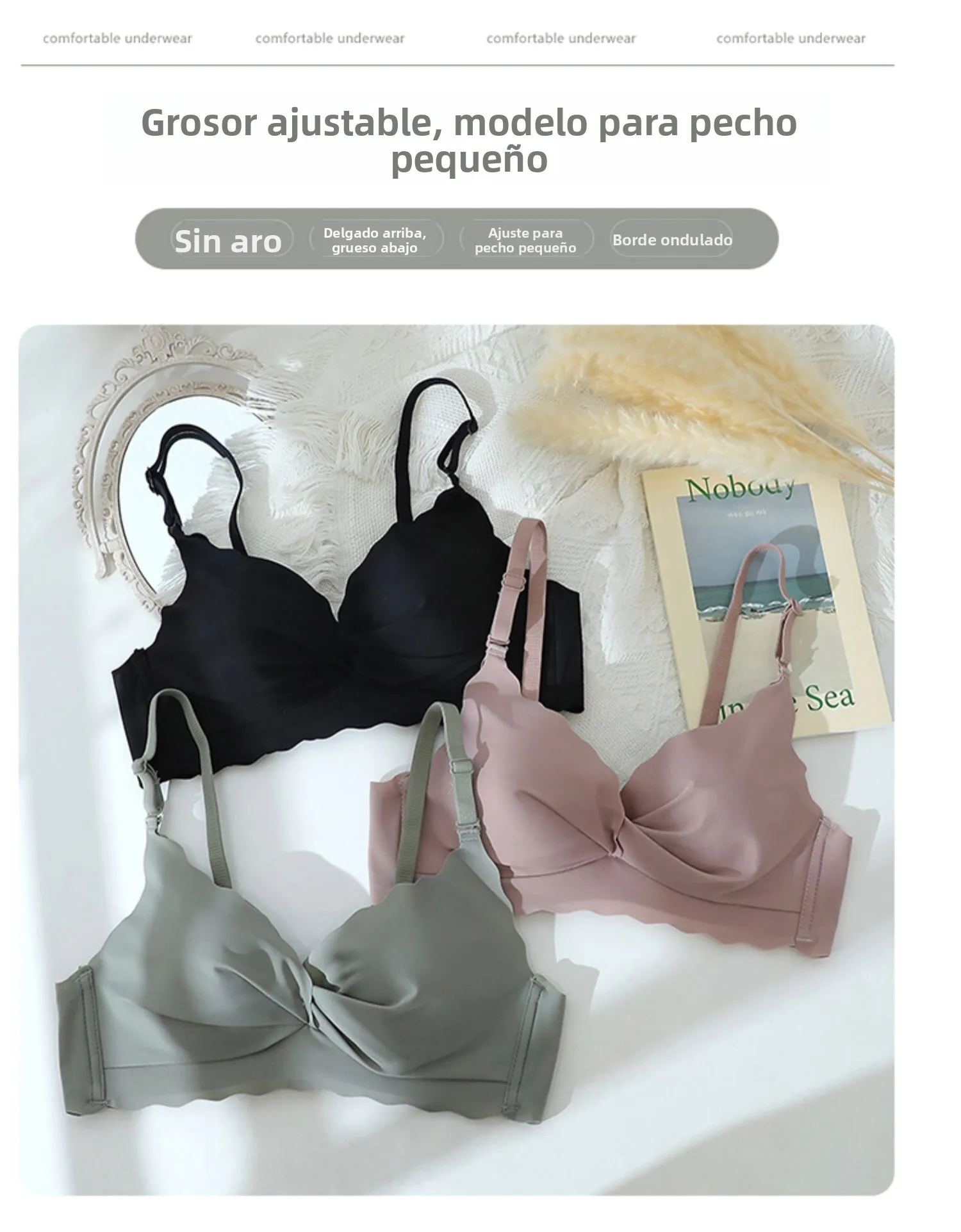 Conjunto de sujetador y bragas sin costuras para mujer, color blanco, fino, con efecto push-up, sin aros, ropa interior cómod...
