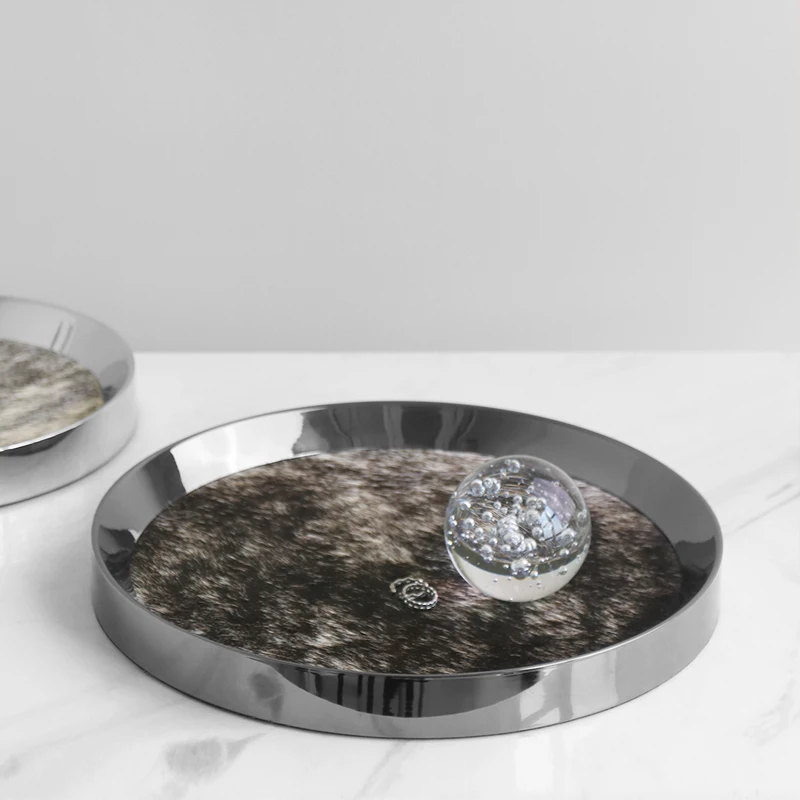 Modern Guncolor Silver Metal Mirror Round Tray High-Grade Horse Hair Storage Tray Sample Room Living Room Coffee Table Ornaments