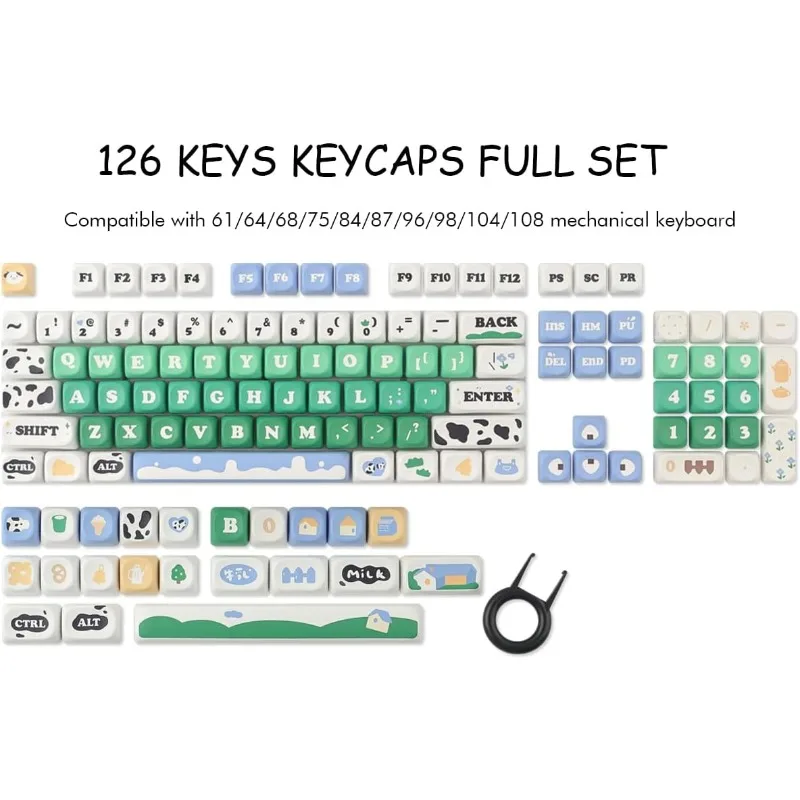 126 Keys Cute Keycaps Dye-Sublimation Milk Cow Pasture MOA Profile Custom Keycap for Cherry MX Swithes Mechanical Keyboards