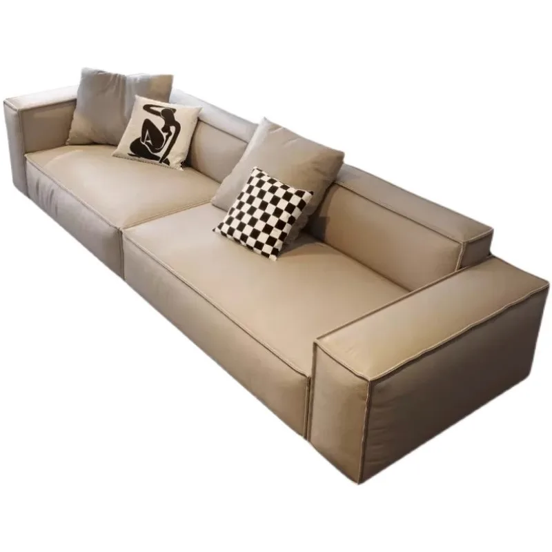 Italian minimalist tofu square full leather sofa first layer cowhide light luxury three-person apartment living room furniture