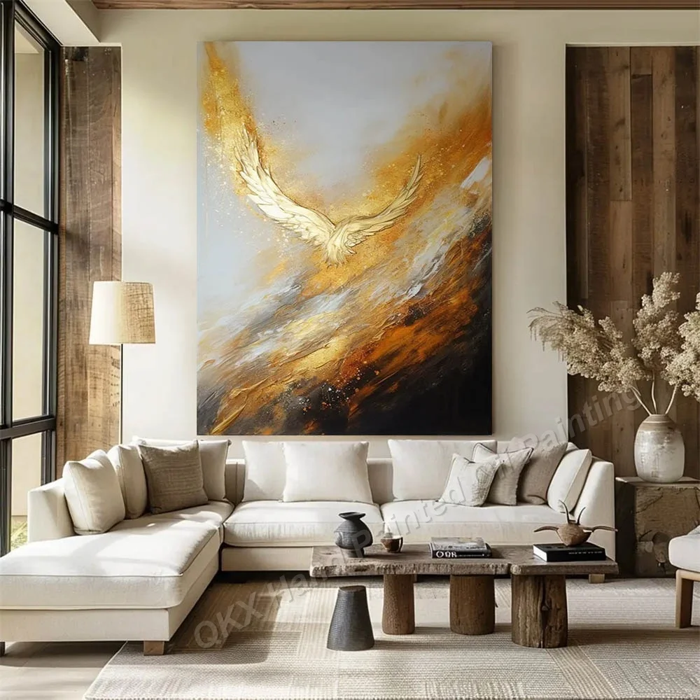Hand-Painted Oil Painting on Canvas Wall Art Decor for Living Room, Luxury Gold Foil 3D Angel Wing Impasto Vertical Canvas Art