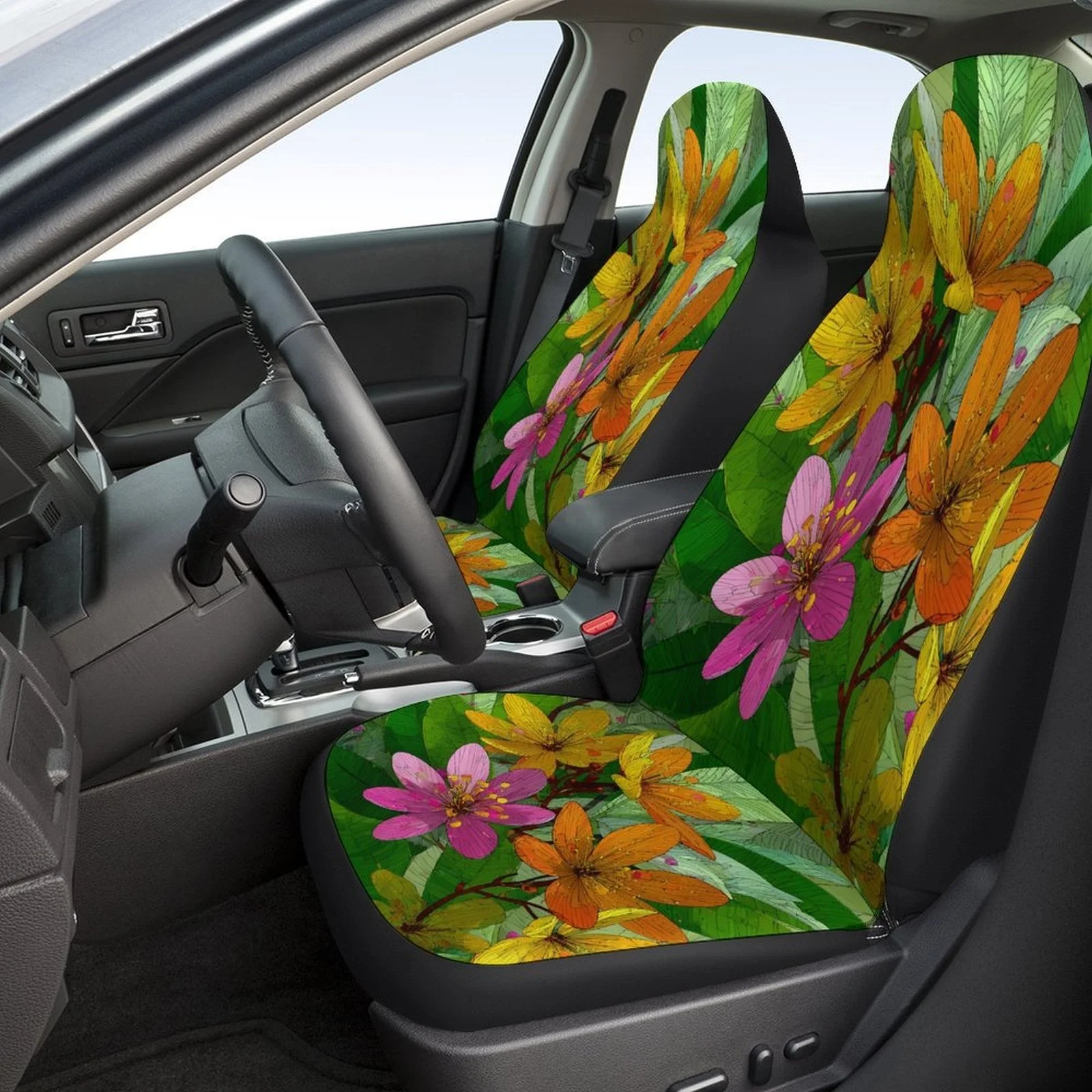 Set Of Car Seat Covers Featuring A Tropical Flower Design, Suitable For Various Vehicles. Stylish And Unique, This Complete Set