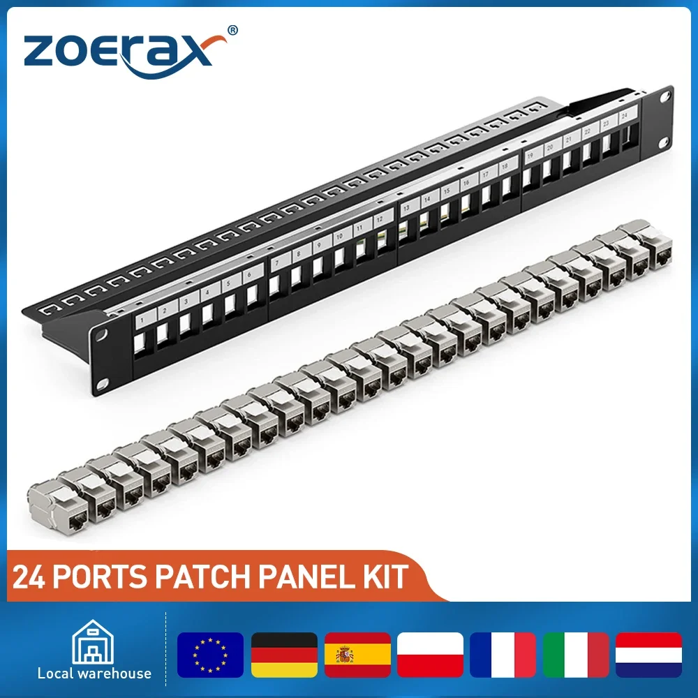 ZoeRax RJ45 geschirmtes Patchpanel mit CAT7 Keystone-Buchse, 1U 19-Zoll-Patchpanel mit abnehmbarer Rückwand für CAT7/6A Ethernet-Kabel