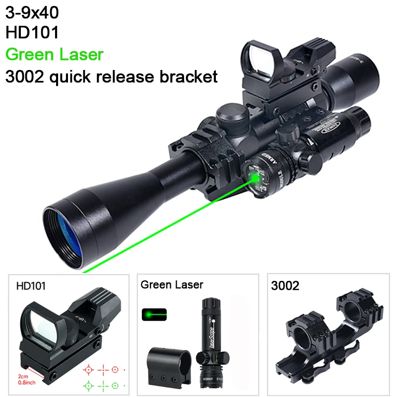 NONE Zielfernrohr 3-9x40 Zielfernrohr Taktische Jagd Zweite Brennweite Zubehör mit HD101 Red Dot und Rot Grün Laser Combo 3