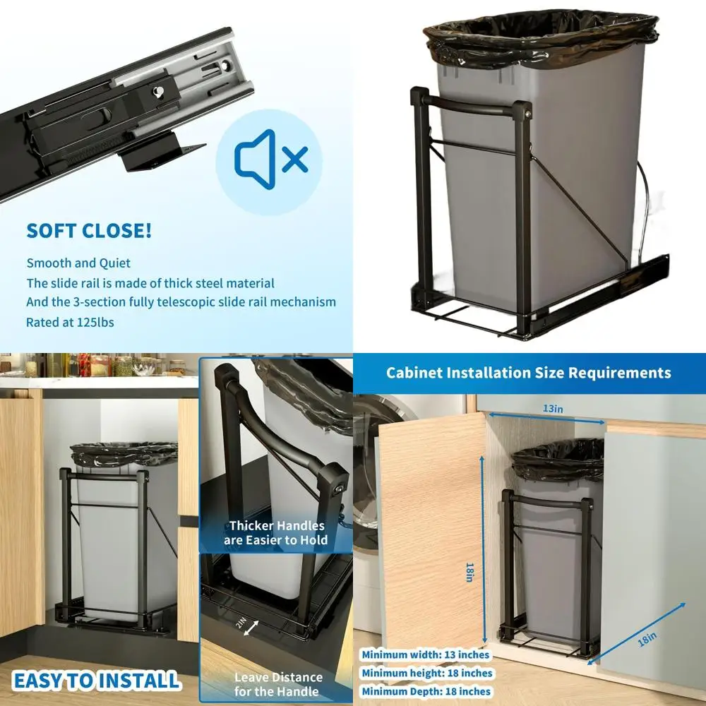 

Pull-Out Trash Bin Organizer: Heavy-Duty Black Steel, Soft Close, Fits 7-13 Gallon, 125 lbs Capacity