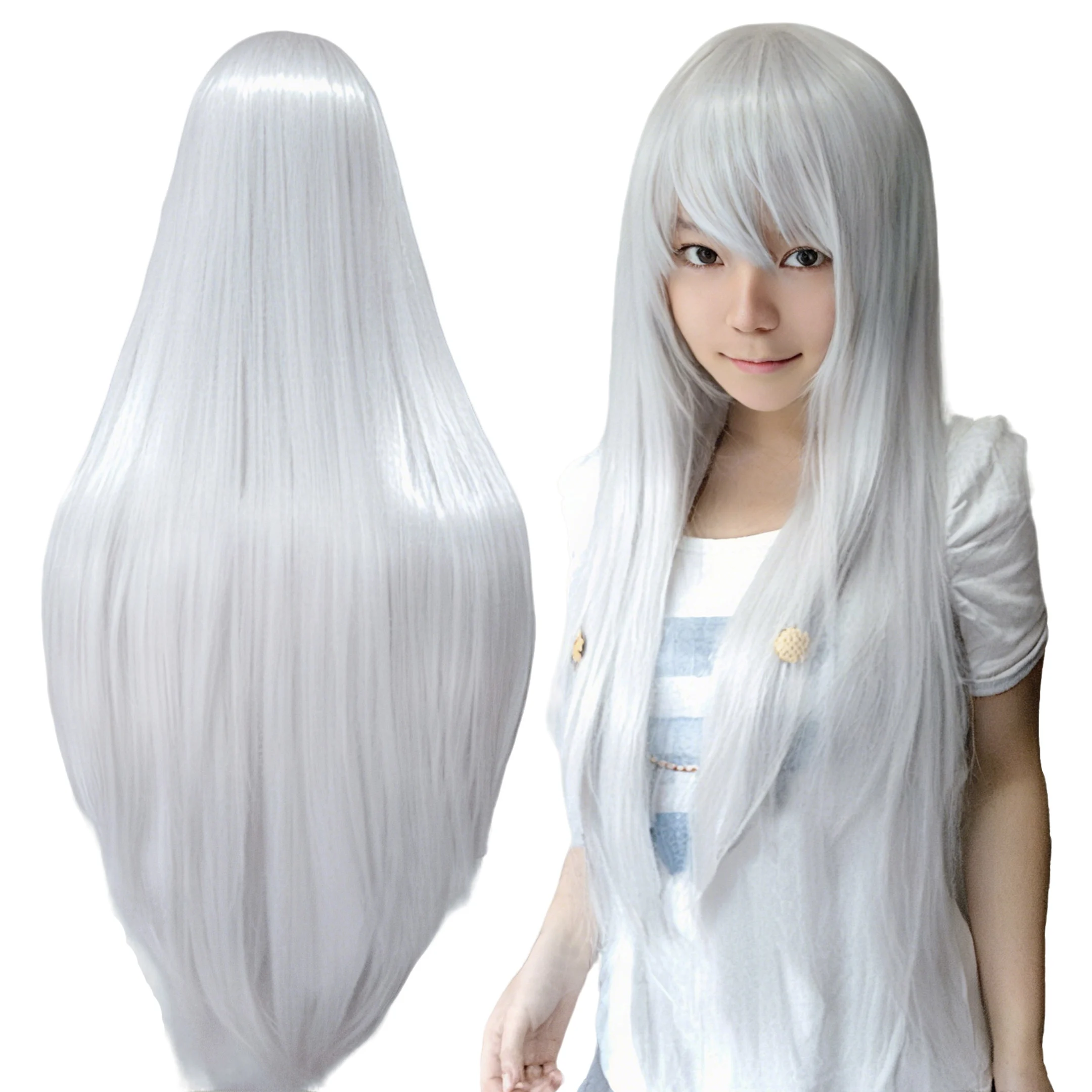 Synthetic White Wig Cosplay Wigs Straight Whitish Wig with Bangs for Anime Cosplay Hair Wig for Halloween Costume Party