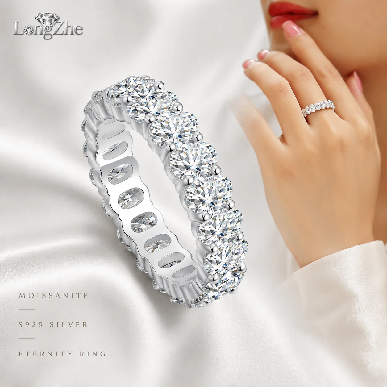 Moissanite Ring D Color 3x5mm Oval Moissanite Full Eternity Ring for Women S925 Silver 18K White Gold Plated Wedding Band