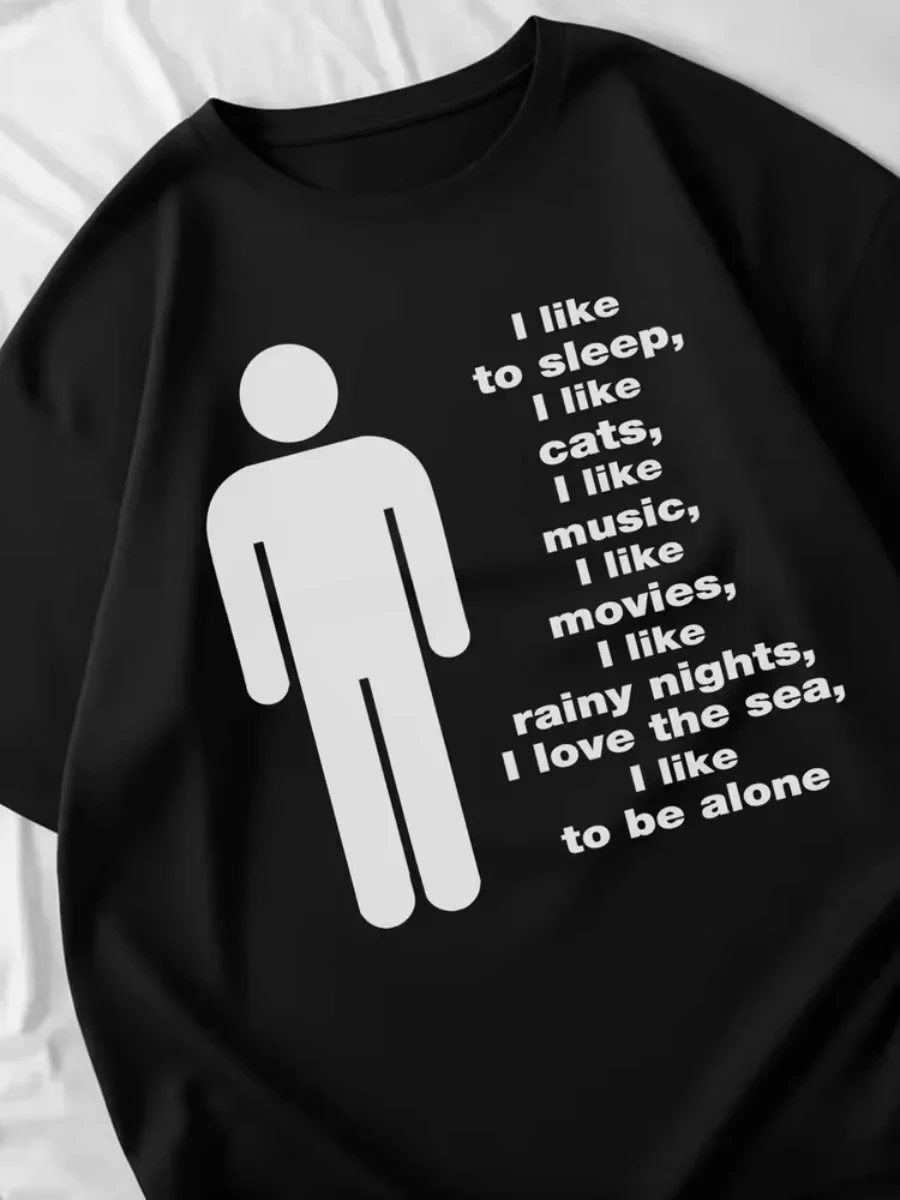 Funny I Like To Sleep I Like Cats I Like Music Y2K Men's Women T Shirt Print Streetwear Tee Casual Oversize Loose All-season Top