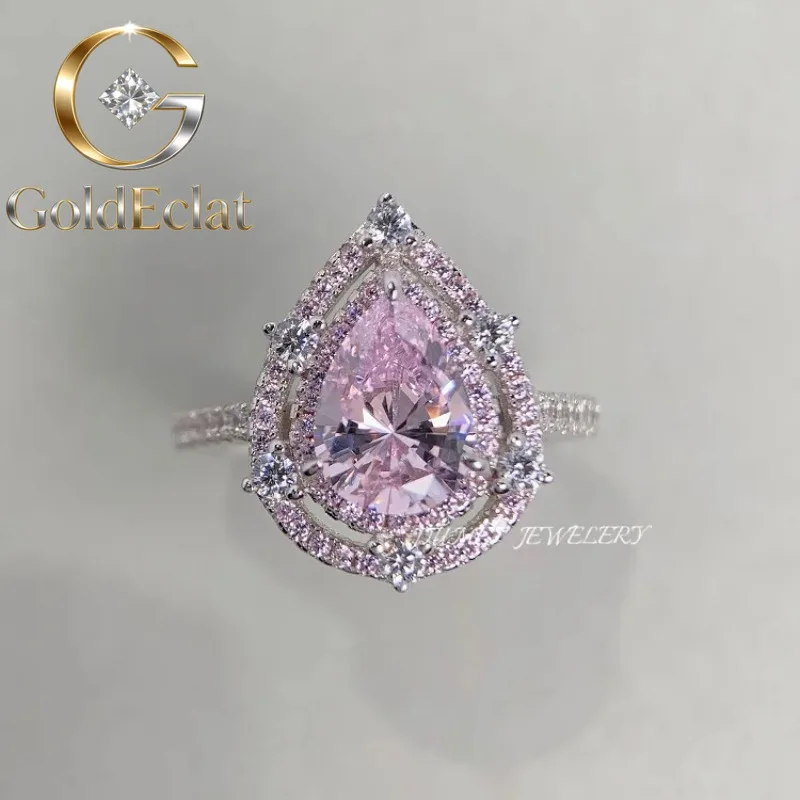 

Кольцо GoldEclat класса люкс из цельной платины PT950 с розовыми бриллиантами и муассанитами в форме капель воды для женщин