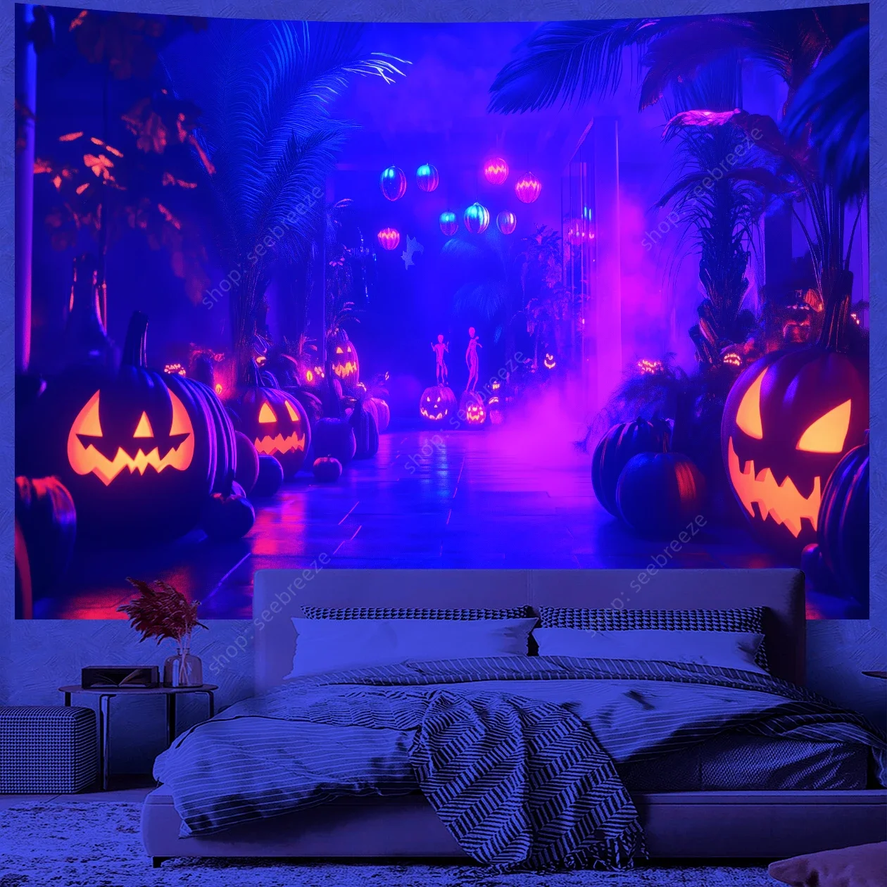 Halloween Themed Wall Art UV Reactive Tapestry Pumpkin Day Decorative Wall Hanging Festival Decoration Props Gift for Friends