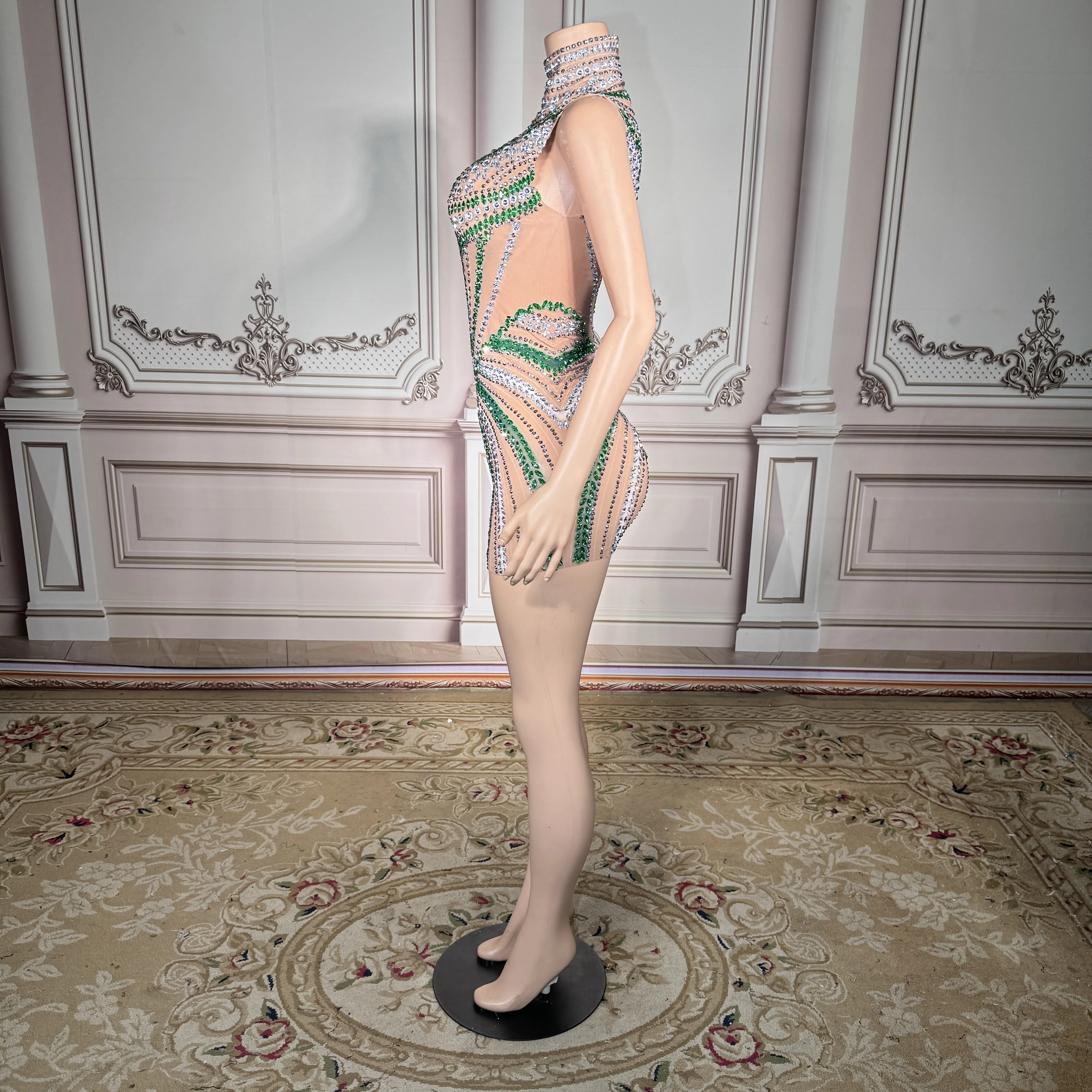 ZD 레드 카펫 이벤트 스팽글 크리스탈 민소매 메쉬 섹시 미니 클럽 드레스 댄스 의상 무도회 공연복