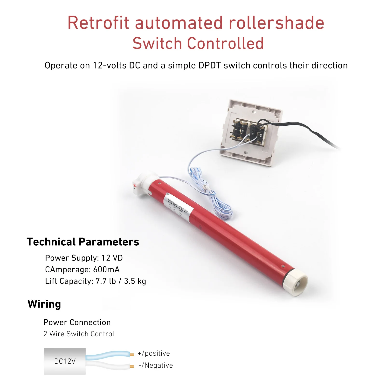 Imagem -04 - Wire Switch Motor Controlado Es2512 Motor de Rolo Elétrico com Fio Rígido 12v dc Motors para rv Electric Roller Shade Rollerhouses2