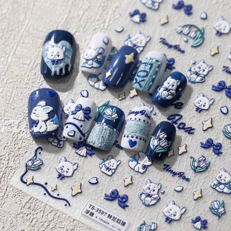 Cute Blue Fox Star Lily of The Valley Bowknot Petal Cup Equinox Flowers Tragedy Reliefs Adhesive Nail Art Sticker Manicure Decal