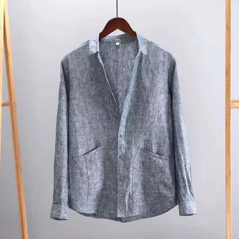 

Новая модная хлопковая конопляная блузка с отложным воротником и длинными рукавами, мужская одежда, повседневная свободная универсальная простая рубашка XT1040