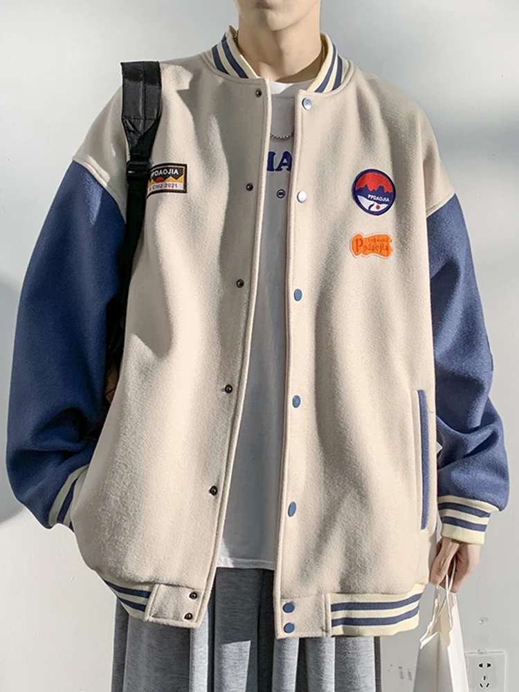 

Baseball Jaet for Boys Spring Autumn Loose Fit High School Student Outerwear Trendy Brand Geometry Pattern Stand Collar Lon...