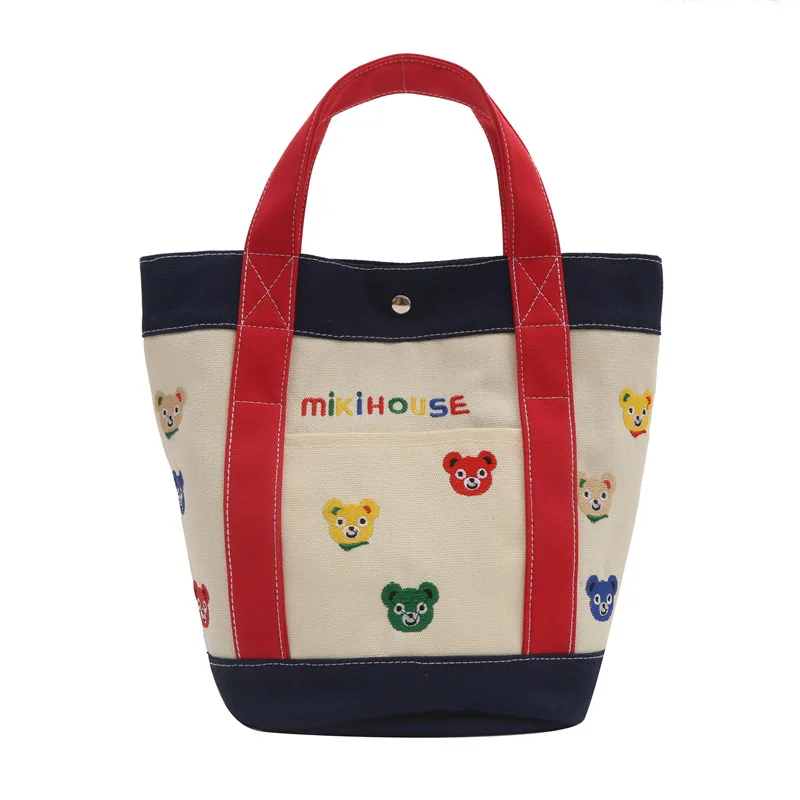 2024 New Casual minimalist canvas bag, new women's bag, cartoon embroidered animal letter bag, Japanese color blocked handbag