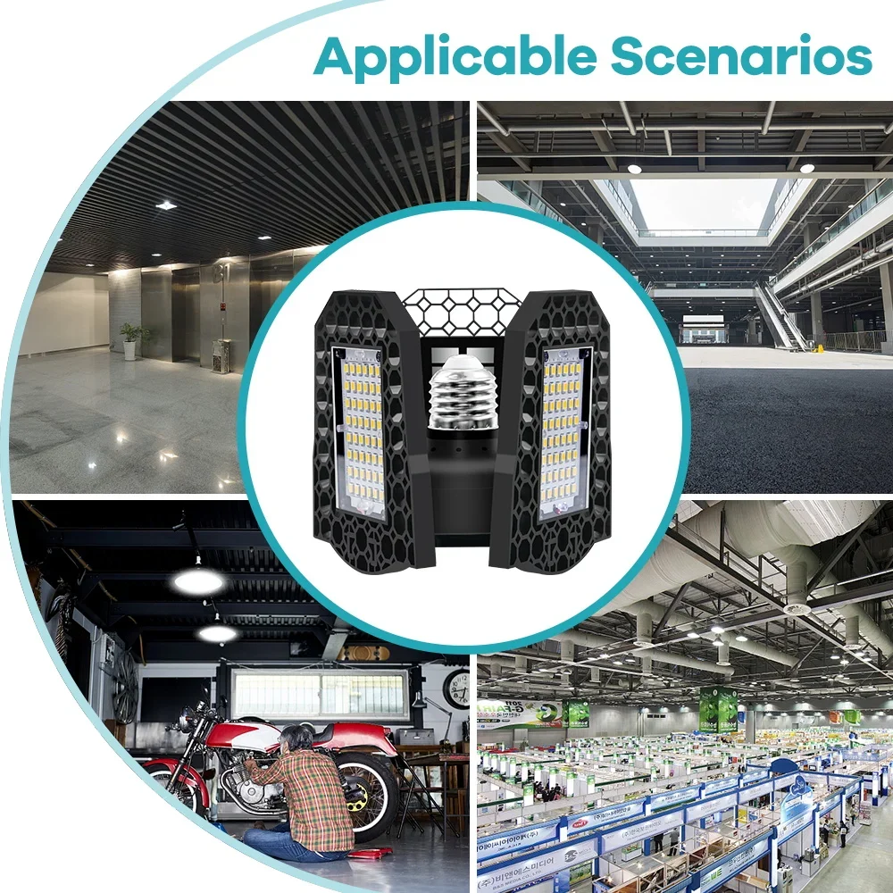 LED Garage Lamp Ceiling Light Bulbs E26/E27 High Bay Lamps Fan Blade Shed Lights UFO 3Adjustable Panels Deformable 220V/110V