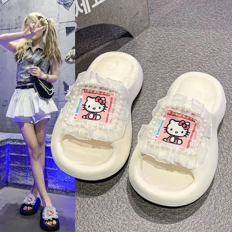 Summer Kawaii Sanrio Hello Kitty Anime Slippers 2024 New Students Non-Slip Thick Bottom Cartoon Cute One Word Sandals Girl Gift