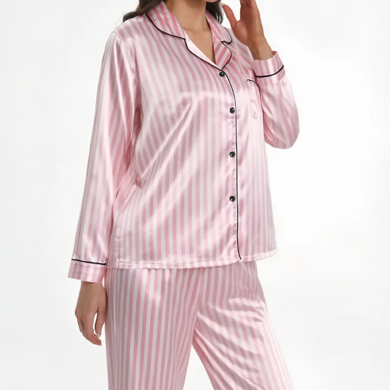 Pink Striped Long Sleeved Pajama Pants Set Fashionable Women's Casual Wear Pajama Set Spring Autumn Female Pajama Home Wear